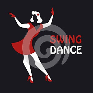 Illustration of swing dance with a woman danced in a black background with a title.