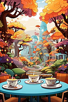 an illustration of a table with two cups of tea on it