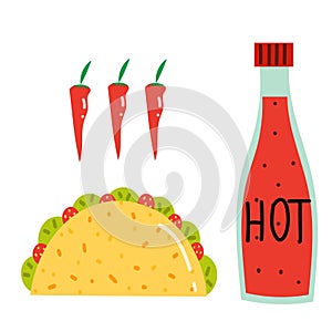 Illustration of taco, bottle of hot sauce and three chili peppers.
