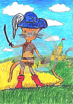 Illustration for the tale of Charles Perrault Cat  in Boots. Child`s drawing