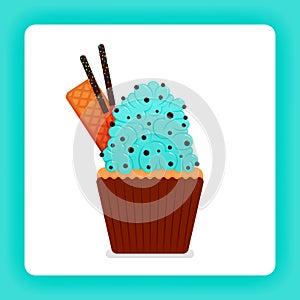 Illustration of tasty cupcake with mint wimp cream with extra topping of choco chip, wafer and chocolate stick. Design can be for