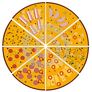 Illustration of tasty pizza. Slices of different pizzas Set.