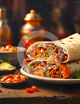 Illustration of a tasty plate of burritos, prepared in the typical style of Mexican cuisine. Illustration made with AI