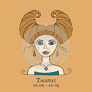 Illustration of Taurus zodiac sign. Element of Earth. Beautiful Girl Portrait. One of 12 Women in Collection For Your