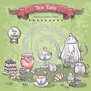 Illustration of a tea set with a jar of jam, muffins, pies and croissants