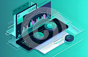 illustration in a teal color scheme representing website traffic,analytic,chart view integration ,chart analysis