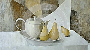 Illustration - a teapot and two pears on the table.