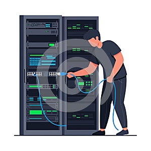 Server Room Maintenance IT Technician Connecting Network Cable