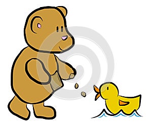 Illustration of a teddy feeding a duck