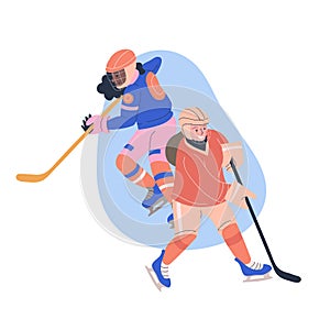 Illustration with teen girls playing ice hockey game