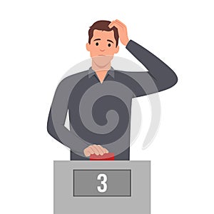 Illustration of a Teenage Guy Thinking and Holding Button on Question and Answer Game