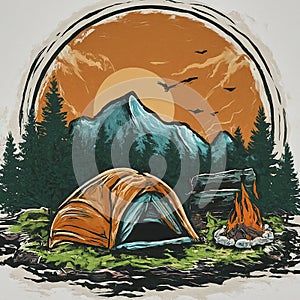 Illustration of tent and fire in nature