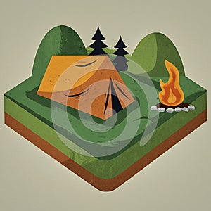 Illustration of tent and fire in nature