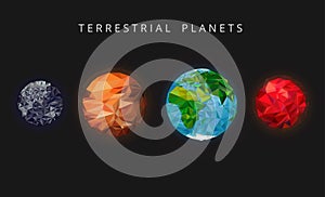 Illustration terrestrial planets. The rocky planets of the solar system. Mercury, Venus, Earth, and Mars.