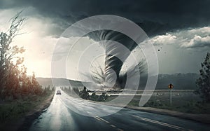 Illustration of a terrible storm with incredibly beautiful giant tornado