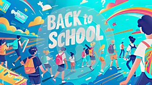 Illustration with text Back to School with Students and Supplies