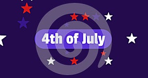 Illustration of 4th of july text with blue, white and red star shapes on blue background, copy space