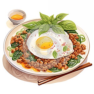 illustration of Thai Basil Stirfried Minced Pork Rice with egg
