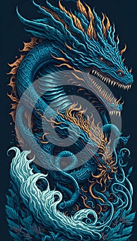 Illustration of Thai-dragon in ocean for street art.