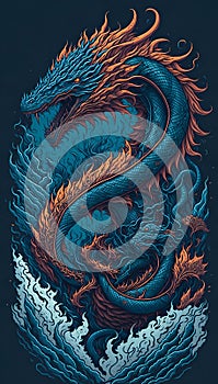 Illustration of Thai-dragon in ocean for street art.