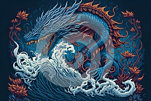 Illustration of Thai-dragon in ocean for street art.