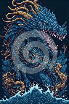 Illustration of Thai-dragon in ocean for street art.