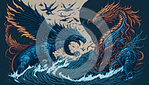 Illustration of Thai-dragon in ocean for street art.