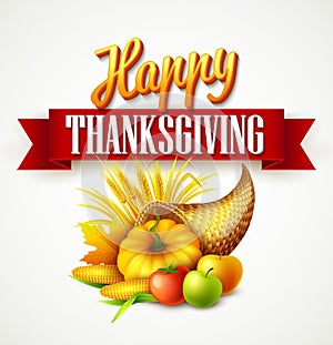 Illustration of a Thanksgiving cornucopia full of harvest fruits and vegetables. Fall greeting design. Autumn harvest