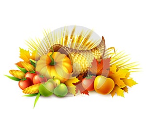 Illustration of a Thanksgiving cornucopia full of harvest fruits and vegetables. Fall greeting design. Autumn harvest photo