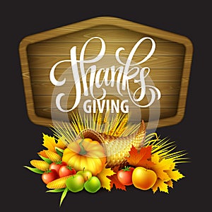 Illustration of a Thanksgiving cornucopia full of harvest fruits and vegetables. Fall greeting design. Autumn harvest