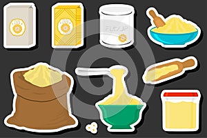 Illustration on theme big set different types dishware filled corn flour