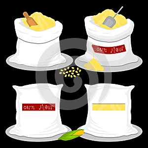 Illustration on theme big set different types sacks filled raw product corn flour