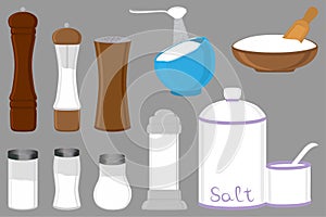 Illustration on theme big set different types shaker filled salty salt