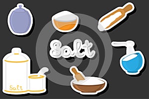 Illustration on theme big set different types ware filled salt for organic cooking