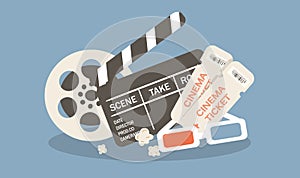 Illustration on the theme of cinema. clapperboard, 3d glasses, film reel, movie tickets