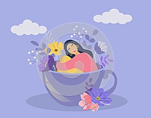 illustration on the theme of harmony, balance, pleasant emotions - girl sits in a tea cup, surrounded by flowers.