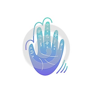 Illustration on the theme of palmistry. The hand with the signs, the moon and the stars. Vector illustration isolated on