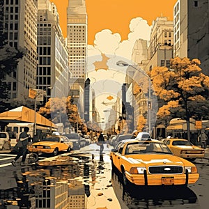 Illustration on the theme of taxi work in a big city