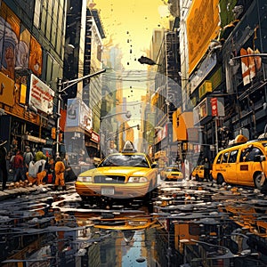 Illustration on the theme of taxi work in a big city