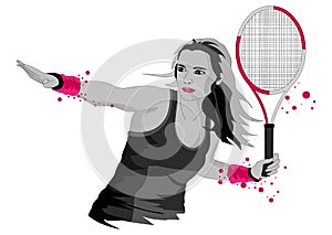 Illustration on the theme of tennis girl with racket, in graphic style