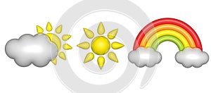 Illustration on the theme of weather precipitation 3d sun clouds rainbow on a white background with a shadow illustration