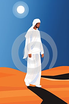 Illustration on the theme a young men in white pilgrimage costumes perform hajj or umrah