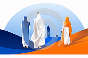 Illustration on the theme a young men in white pilgrimage costumes perform hajj or umrah