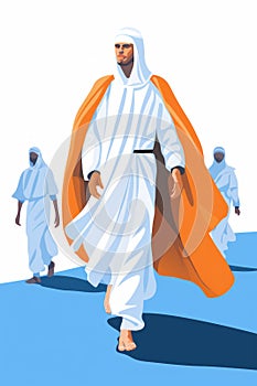 Illustration on the theme a young men in white pilgrimage costumes perform hajj or umrah