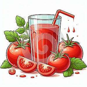 Illustration of thick freshly squeezed tomato juice from ripe tomatoes in a tall glass