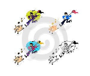 Illustration of a thief and a guy running after a piggy bank with a net. Vector illustration. Image is isolated on white