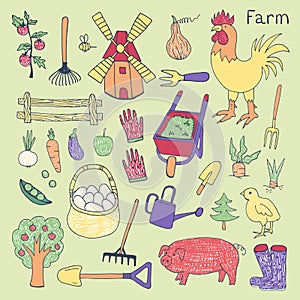 Illustration of the things and animals found at the farm on a green background.