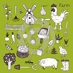 Illustration of the things and animals found at the farm on a green background.