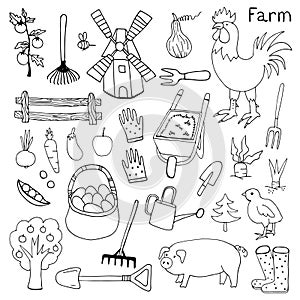 Illustration of the things and animals found at the farm on a white background.