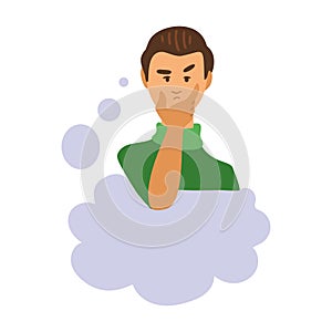 Illustration of a thinking man. Thoughtful male character looking up and making decision. Speach bubble. Emoticon, emoji, facial